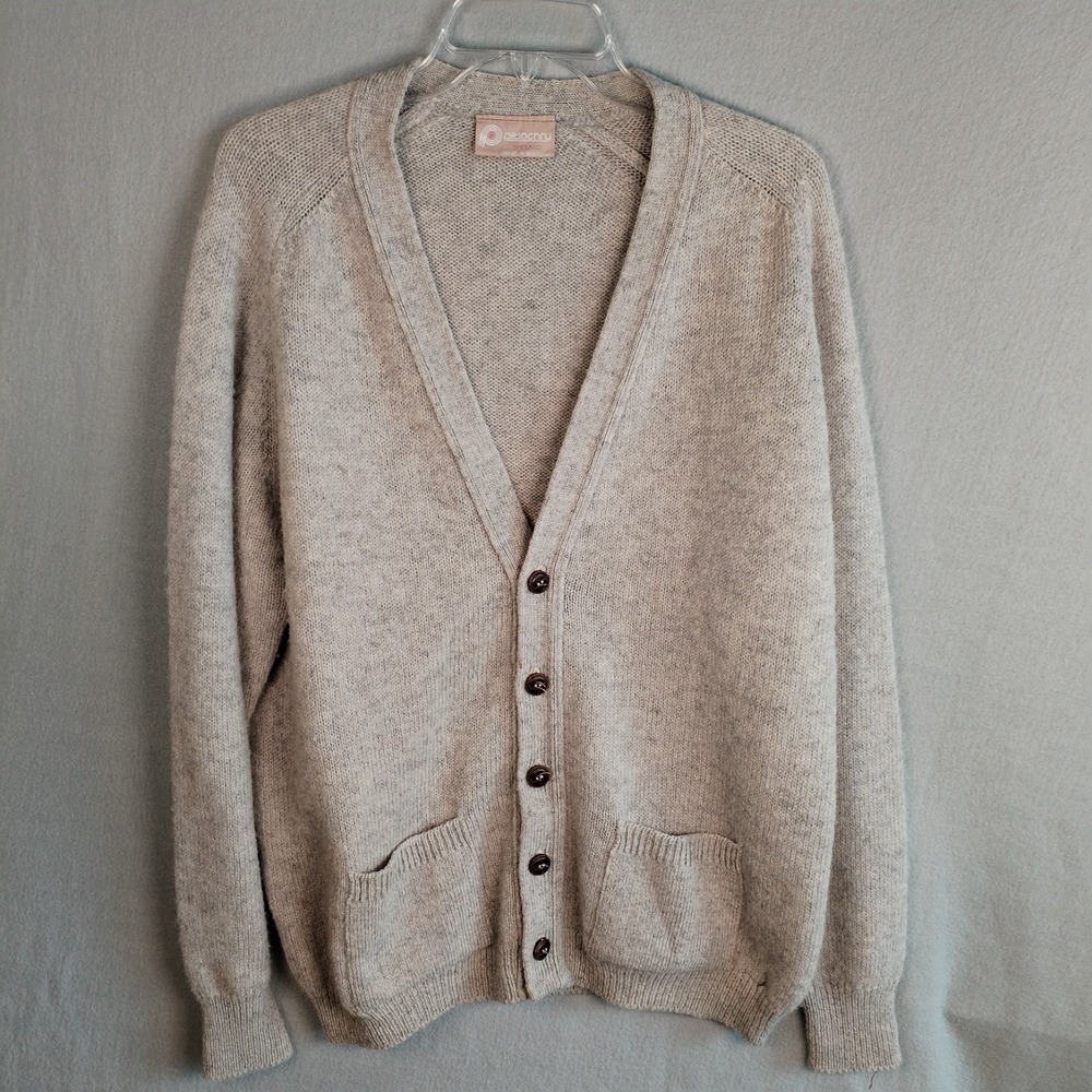 VTG Pitlochry Scotland Shetland Wool Cardigan Sweater Men's 44 Large Beige‎ Tan